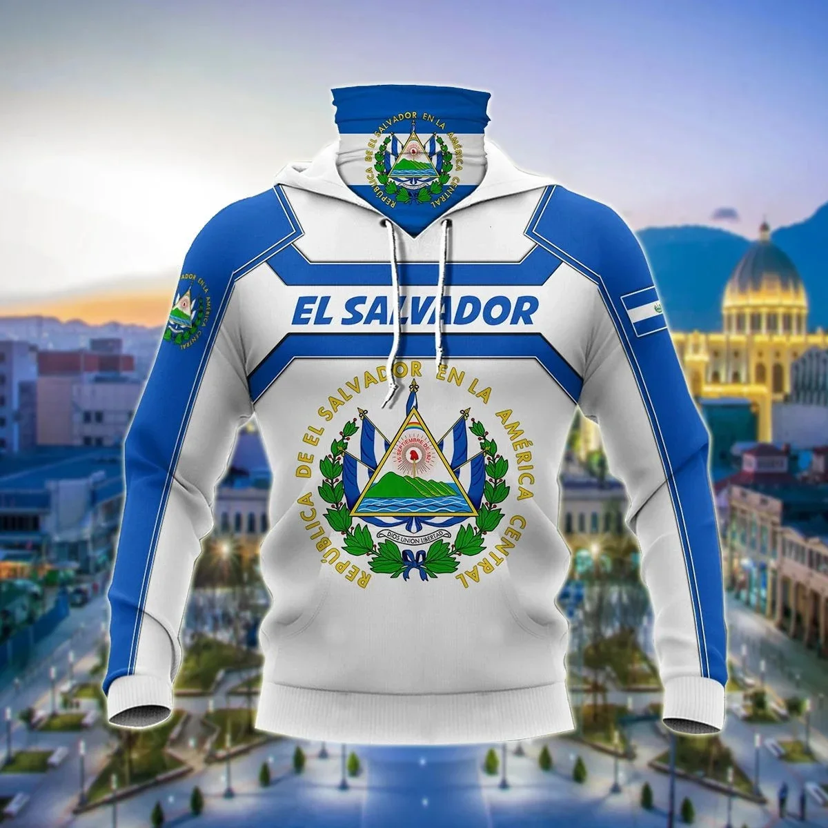 El Salvador escudo de armas 3D impreso hombres adultos cuello polaina Sudadera con capucha invierno Unisex Casual cálido grueso Sudadera con capucha con máscara ZZ04 - imagen 5