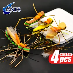 ANFS 4 unids/caja tolva de hierba señora araña espuma moscas secas pesca con mosca flotante espuma sándwich Hoppers Señuelos de pesca para Lucio, lubina