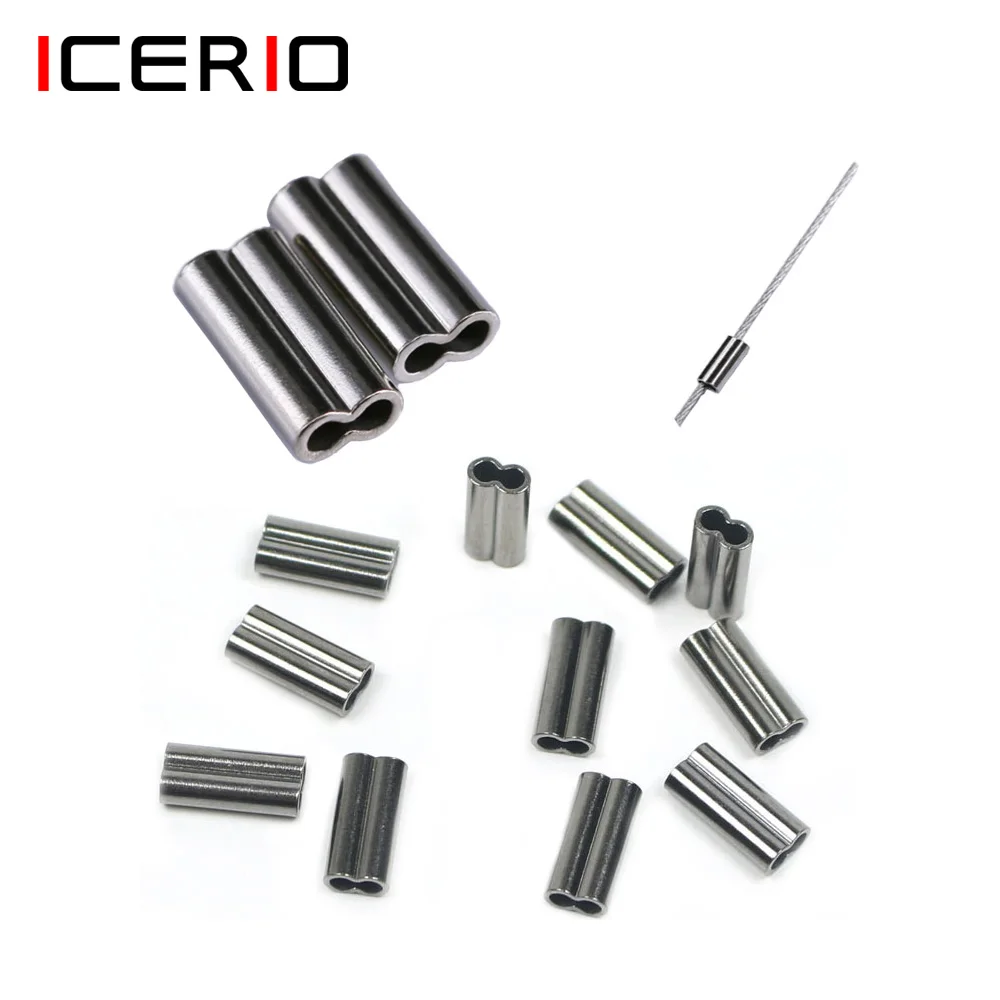 ICERIO-Manguitos de crimpado de doble barril de cobre, 100 piezas, para línea líder de pesca de monofilamento (ID de 0,8mm-2,0mm), aparejo de alambre