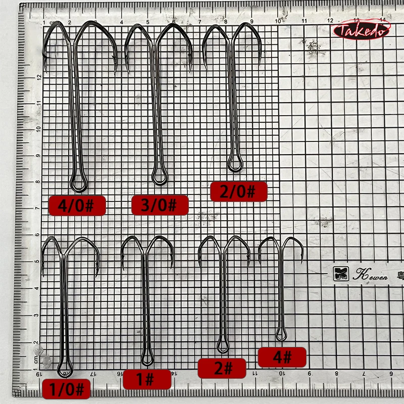 TAKEDO SDL-38BC 10 unids/caja anzuelo doble triangular anzuelo de pesca de caña larga anzuelos de pesca de acero al carbono para señuelo de rana - imagen 2
