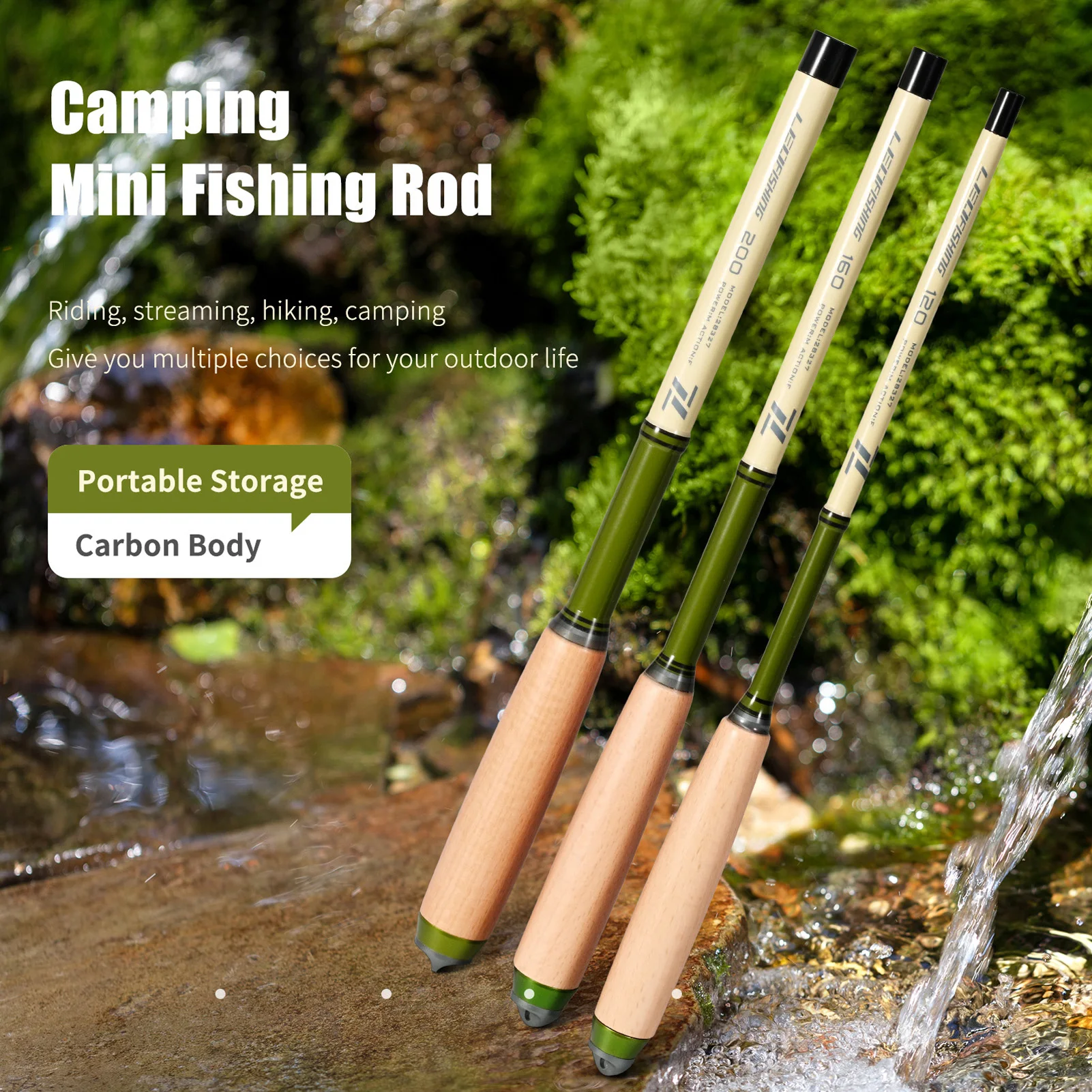 Caña de pescar extensible para acampar, Mini caña de pescar telescópica con mango de madera maciza - imagen 2