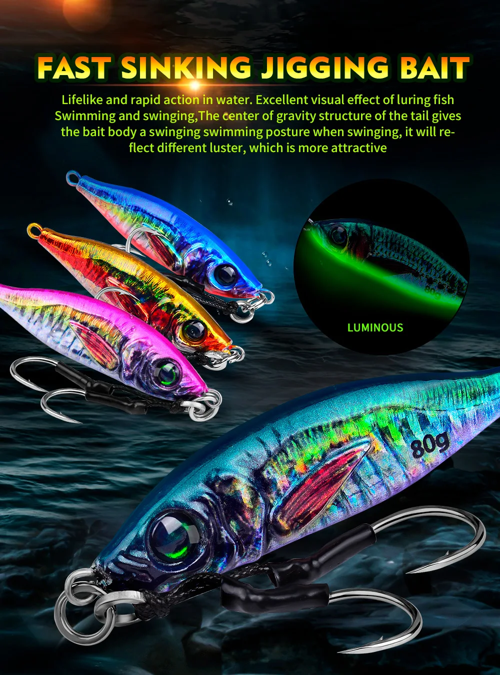 Experimente la emoción de los cebos de jigging de hundimiento rápido con diseños vibrantes y efectos luminosos