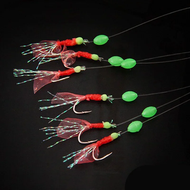 1 paquete de 6 anzuelos Sabiki señuelo aparejo intermitente anzuelo de piel de pescado cebo luminoso brillo oscuro caballa pesca pargo cabeza plana salmonete tiburón
