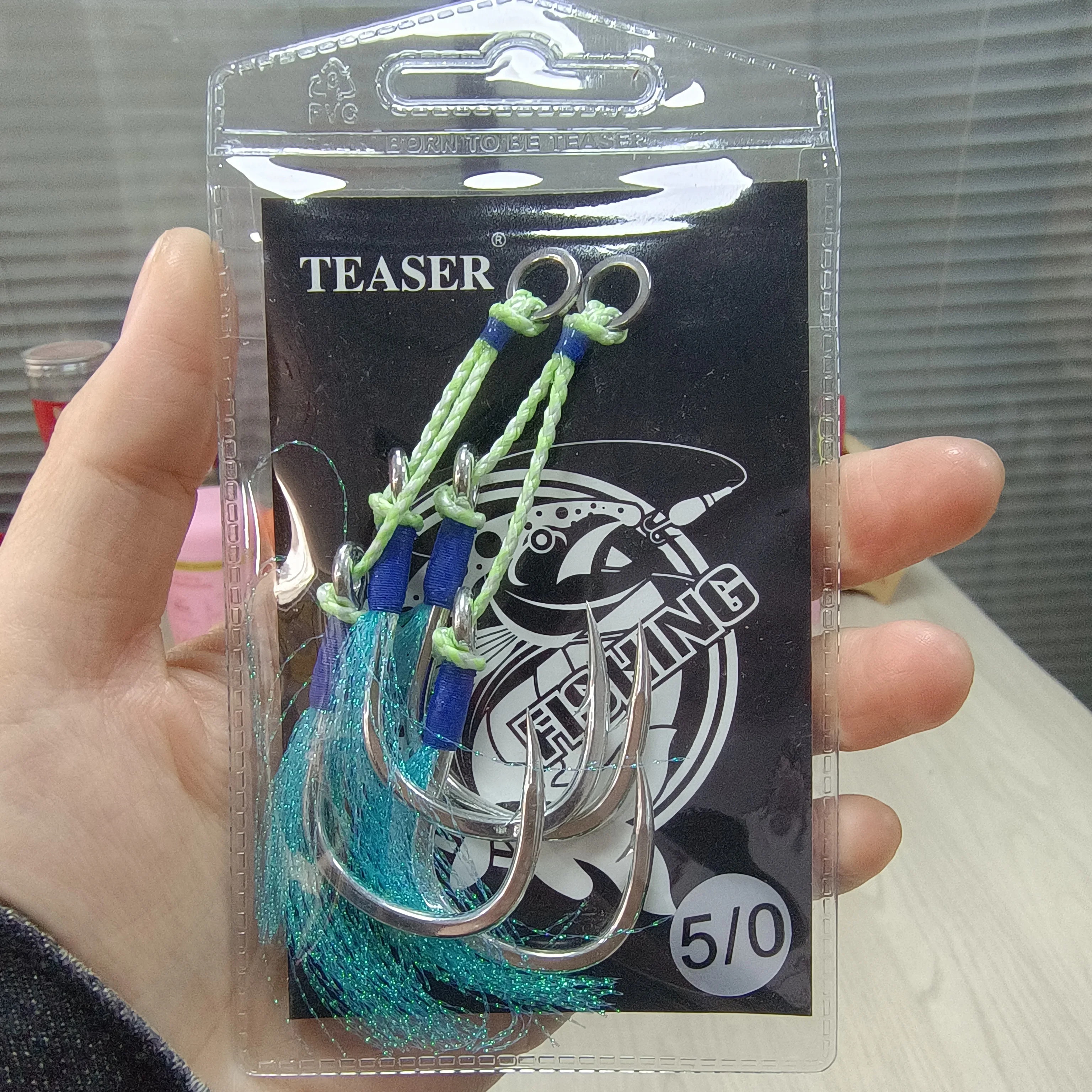 TEASER HK035 2 unids/bolsa 1/0-7/0 anzuelo de pesca con púas de acero rico en carbono brillo UV agua salada anzuelos de ayuda de Jigging de Metal lento - imagen 4