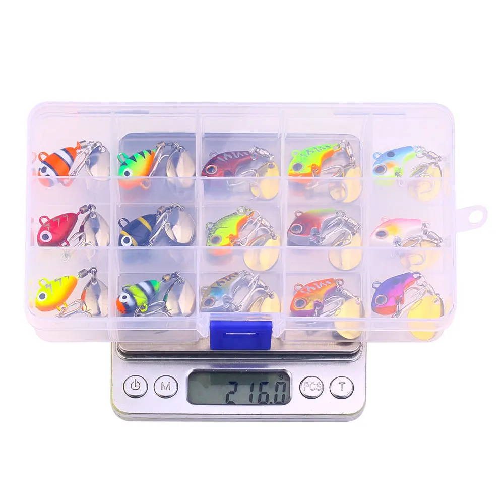 Señuelo de Pesca VIB de Metal, Spinner de hundimiento, cuchara giratoria, Pin, lentejuelas, cebo de Pesca duro con caja, aparejos de Pesca, 15 Uds. - imagen 5