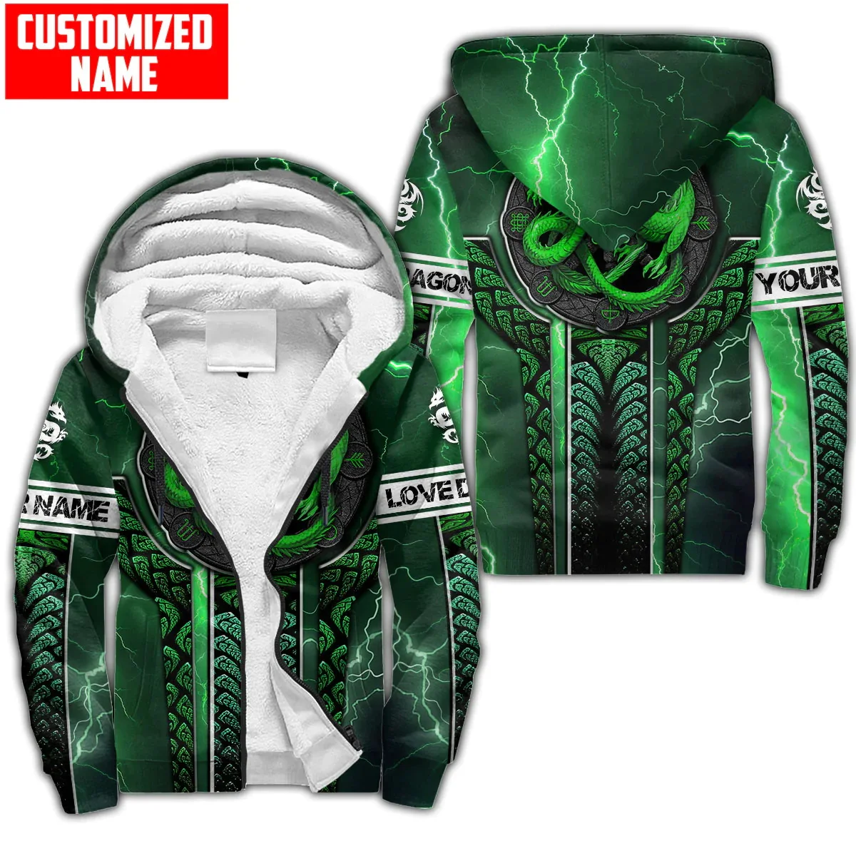 Nombre personalizado tatuaje de dragón 3D impreso moda hombres polar cremallera Sudadera con capucha Unisex Casual invierno más grueso cálido chaqueta con cremallera JH17 - imagen 3