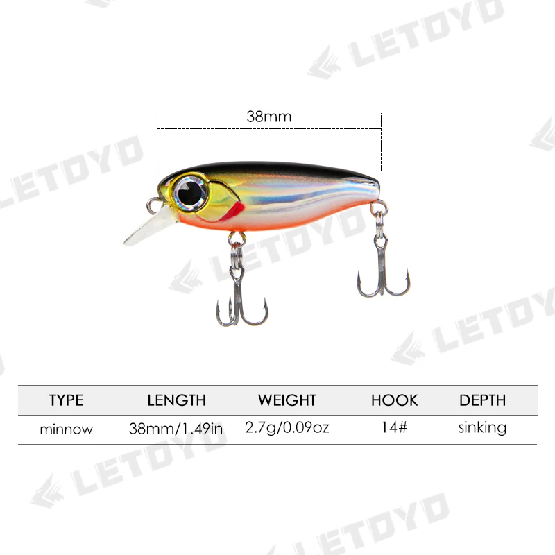 LETOYO, 38mm 2,7g, señuelo de pesca Minnow Micro suspendido, Jerkbait, Mini cebo duro de hundimiento lento, Wobblers para pesca en el mar, lubina - imagen 3
