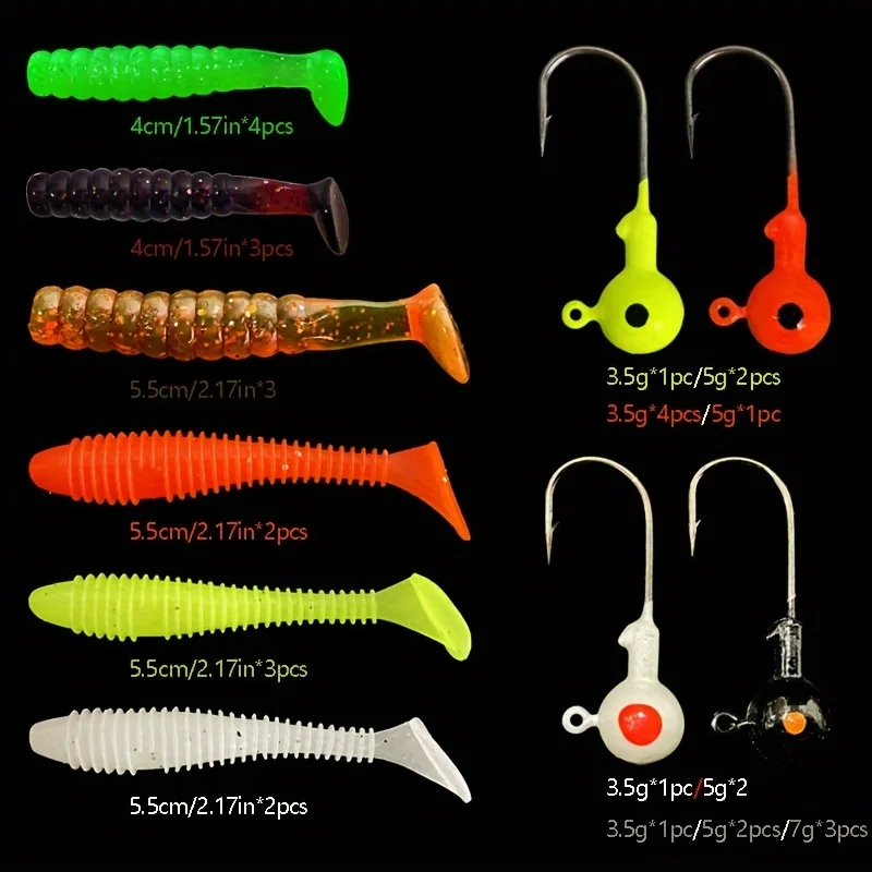 Luya-Juego de cebo de cola en T, gancho de cabeza de plomo de colores, tornillo gordo, cola en T, juego de cebo blando, 34 piezas - imagen 3