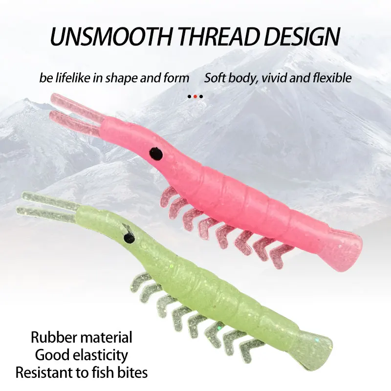 50 Uds. Señuelos de pesca de camarones suaves, cebo de goma Artificial que brilla, cebo de gusano de camarón pequeño, señuelo de pesca para lubina, pez, trucha - imagen 2