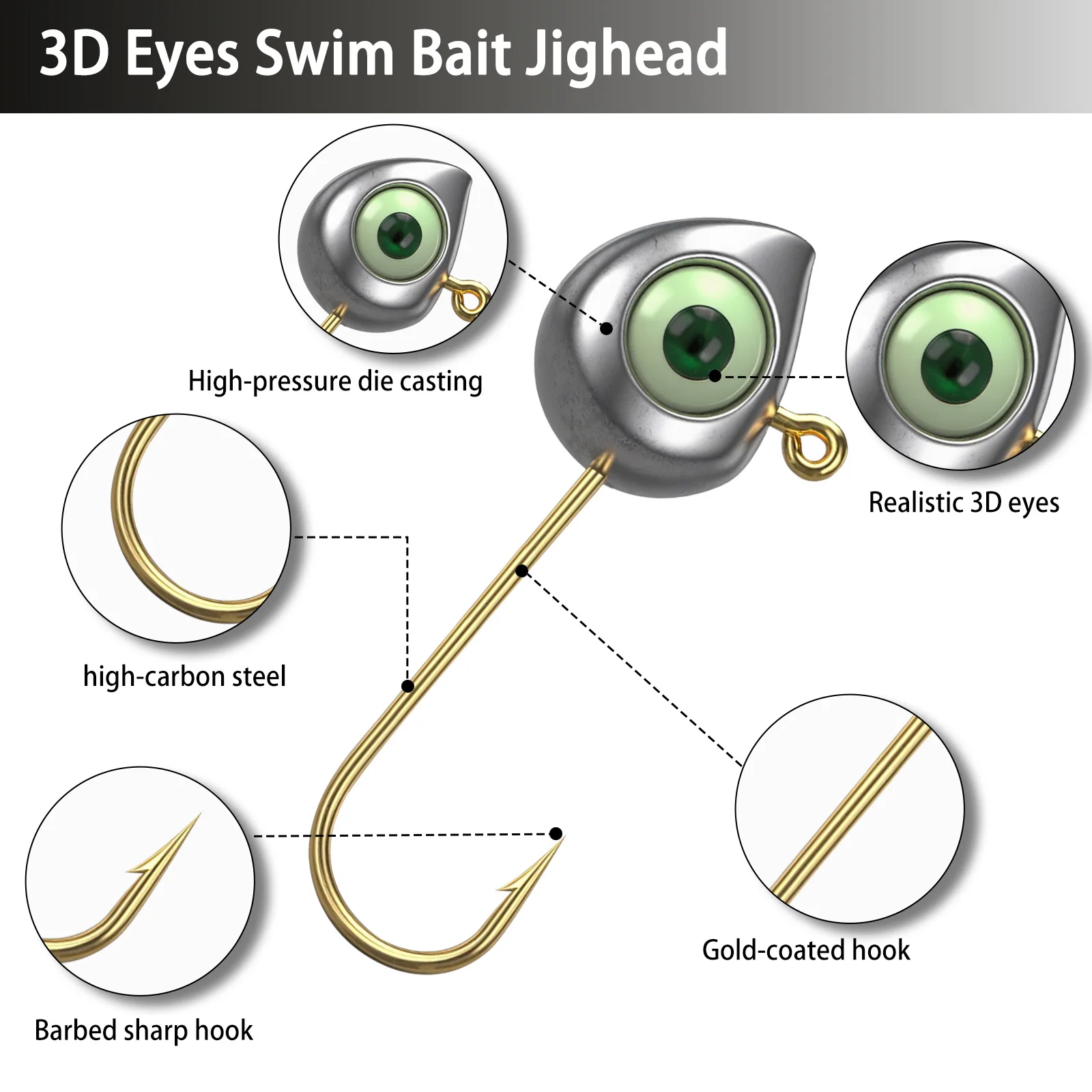 Ganchos de cabezales de plantilla FishTrip con ojos liminos 3D, 10 Uds., cabezas de plantilla de ojo de guapa ponderadas para trucha, anzuelos de lubina para señuelo suave - imagen 3