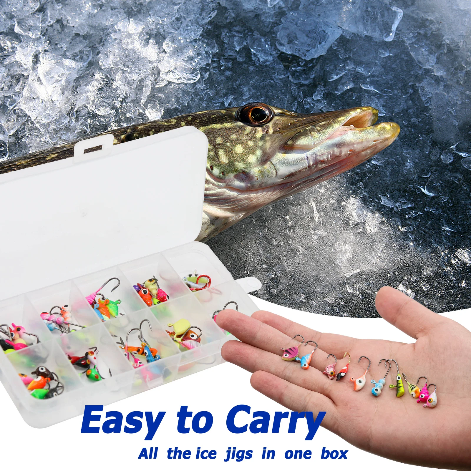 9KM 8 Uds ~ 60 uds juego de plantillas de pesca en hielo Señuelos de pesca en hielo Micro Jig Head Hook Kit con caja para agua dulce y salada - imagen 5