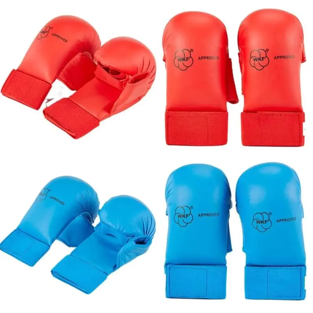 Guantes de Karate de medio dedo, entrenamiento práctico, protección del pulgar, guantes de boxeo de cuero PU, protector de mano de Karate rojo y azul, artes marciales - imagen 3