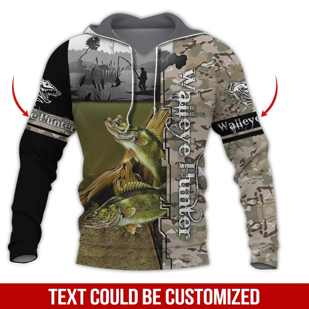 Nombre personalizado Walleye Hunting Camo 3D completamente estampado Sudadera con capucha y sudadera para hombre Sudadera con capucha con cremallera Unisex chándales casuales KJ962