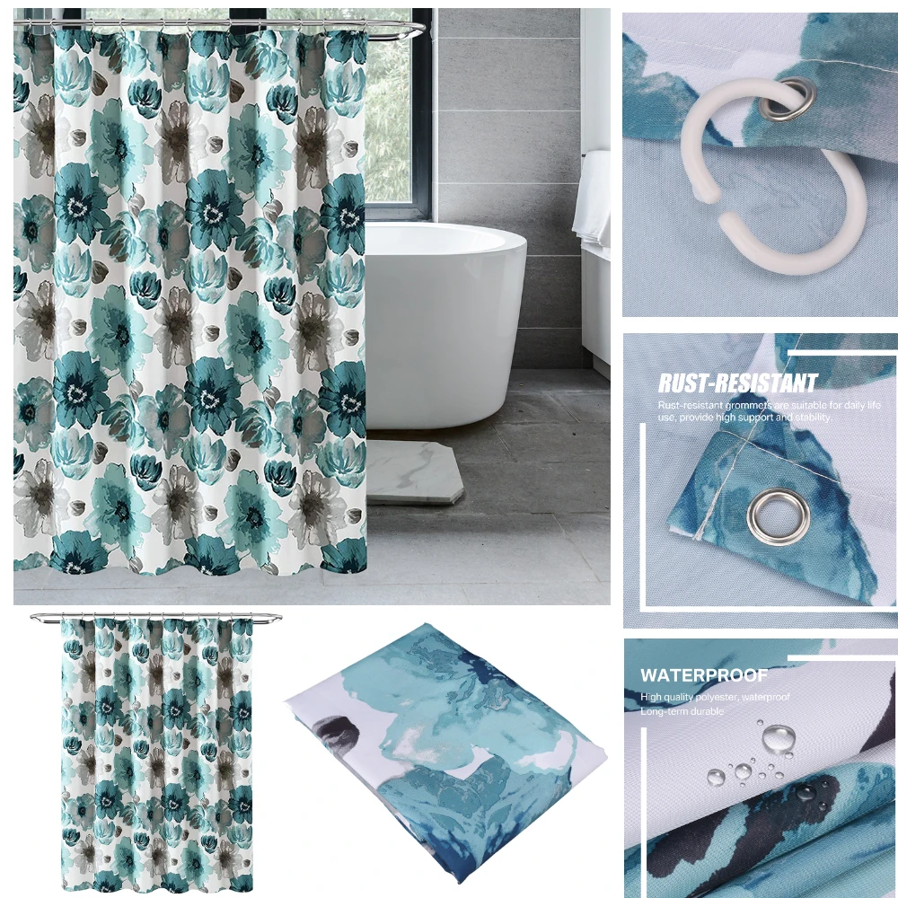 Cortina de ducha bohemia, planta de acuarela, flor colorida, decoración moderna y sencilla para el baño del hogar, cortinas de baño de tela con ganchos - imagen 3