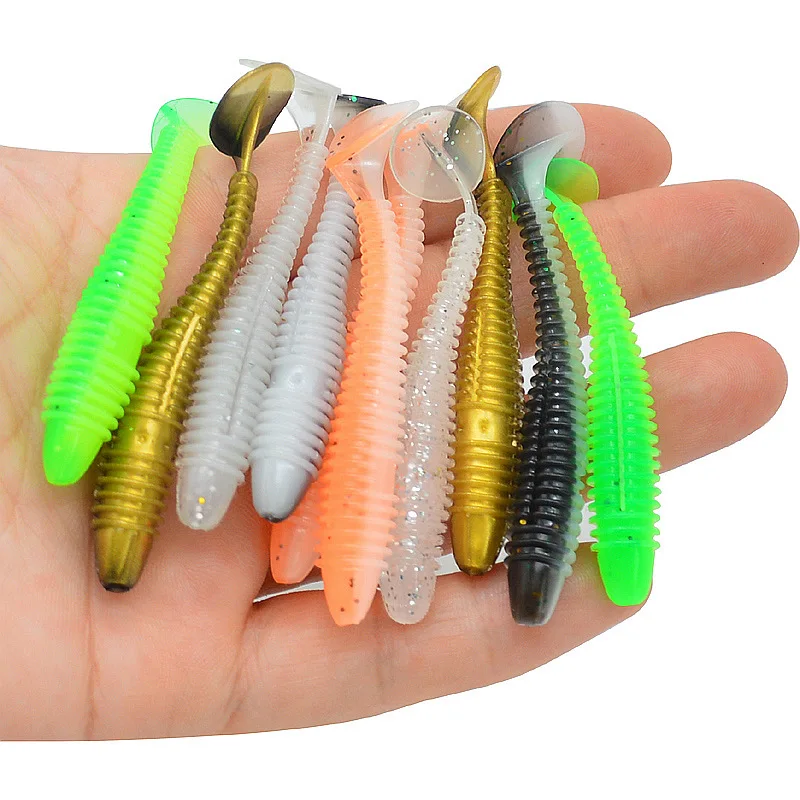 Señuelo de pesca con tornillo ancho, cola en T, cabeza de anzuelo, gusano, señuelos artificiales de doble Color, 6,5 cm, 2,3g, cebo suave, lote de 10 piezas en oferta - imagen 3