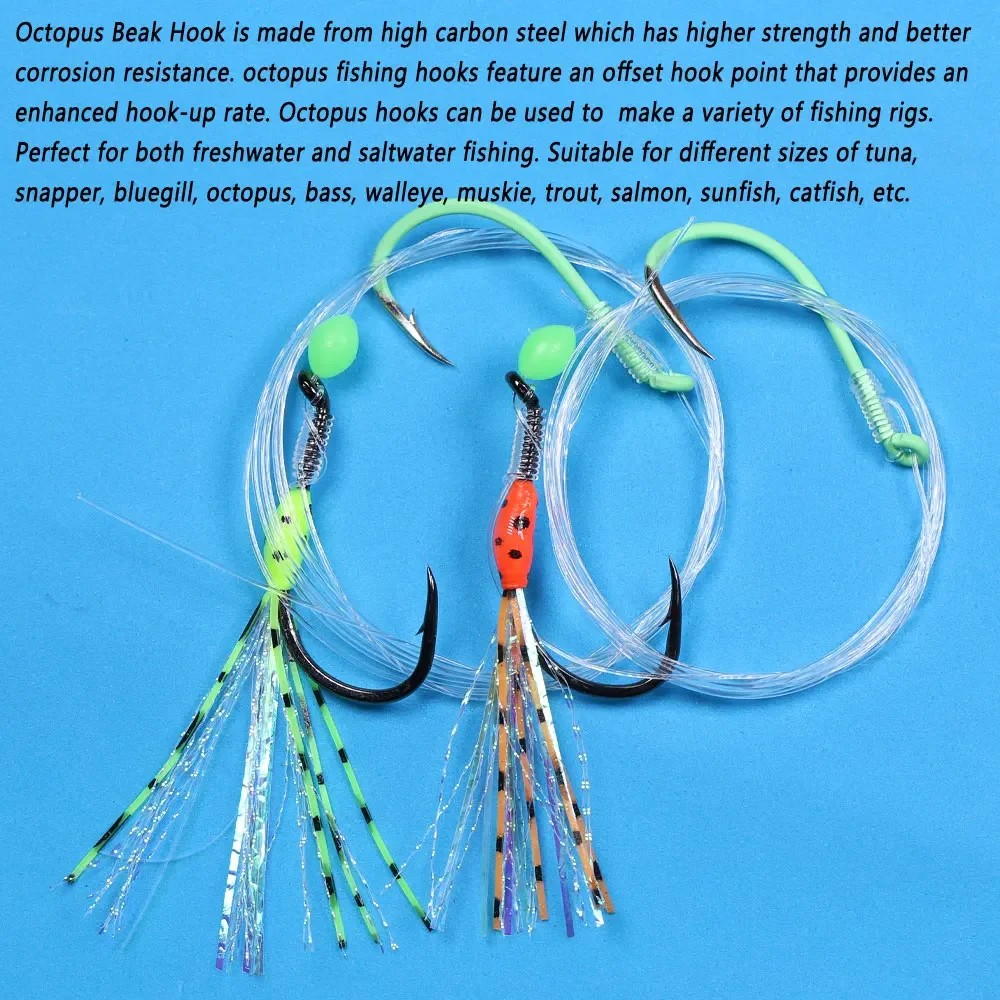 Bimoo pesca en agua salada 2 anzuelos de pico de pulpo aparejo Sabiki anzuelo de pulpo compensado luminoso para atún pargo lubina cebos de pesca de salmón - imagen 5