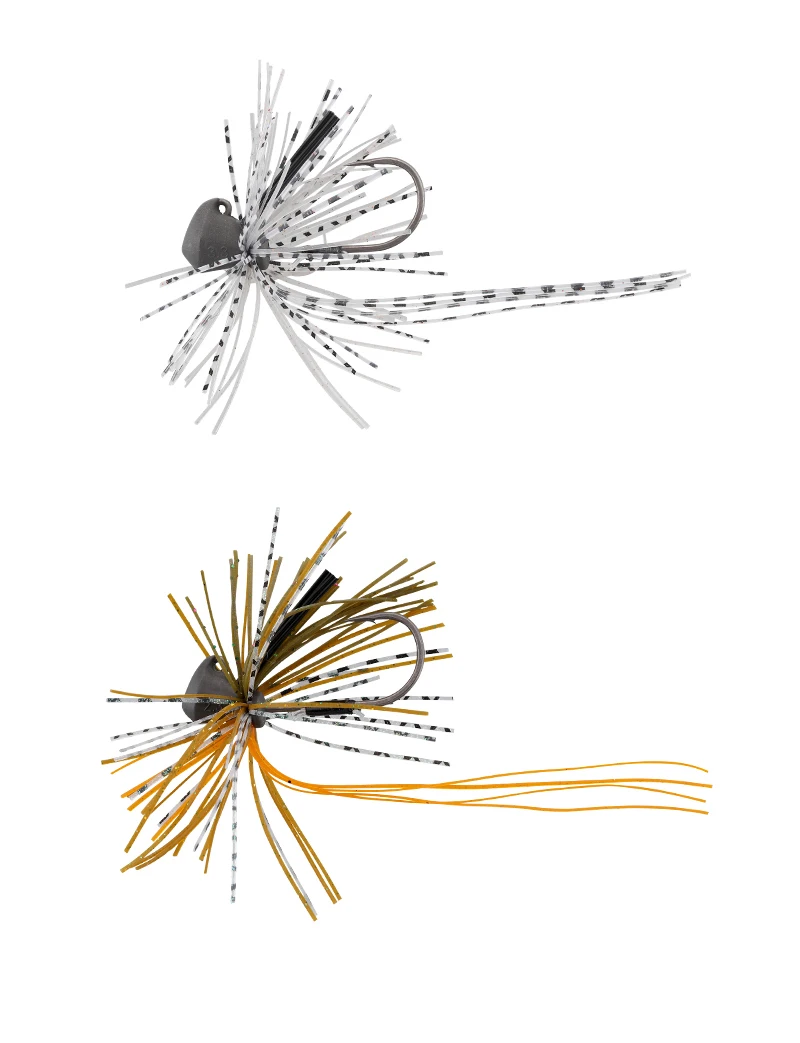 Un señuelo de pesca con mosca con un cuerpo amarillo y naranja y un cuerpo blanco y negro