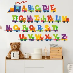 Tren de coche de dibujos animados, 26 letras del alfabeto, pegatinas de pared para habitaciones de niños, decoración del hogar, pegatina de pared para niños, accesorios de decoración de habitación