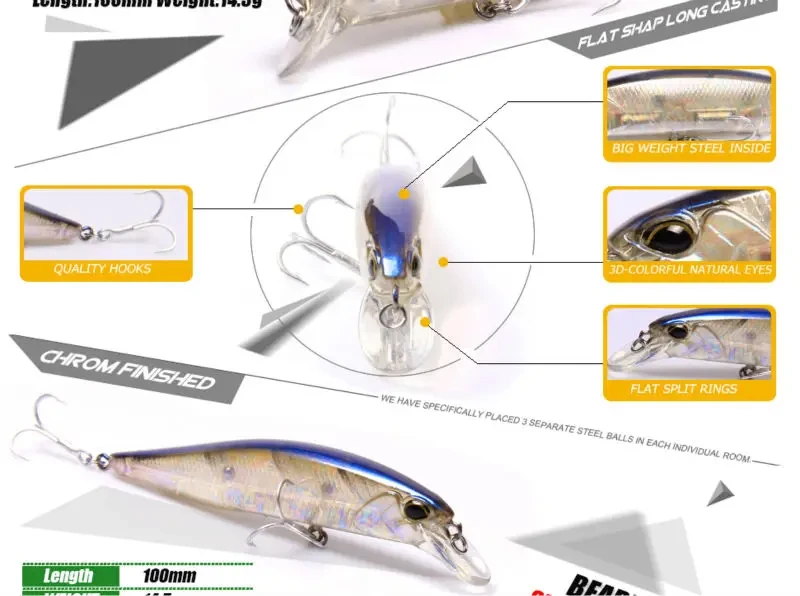 Bearking-señuelo de pesca artificial suspendido, cebo duro para pececillos, CrankBait, dive, 14,5-0,8 m, 10cm, 1,5g - imagen 5