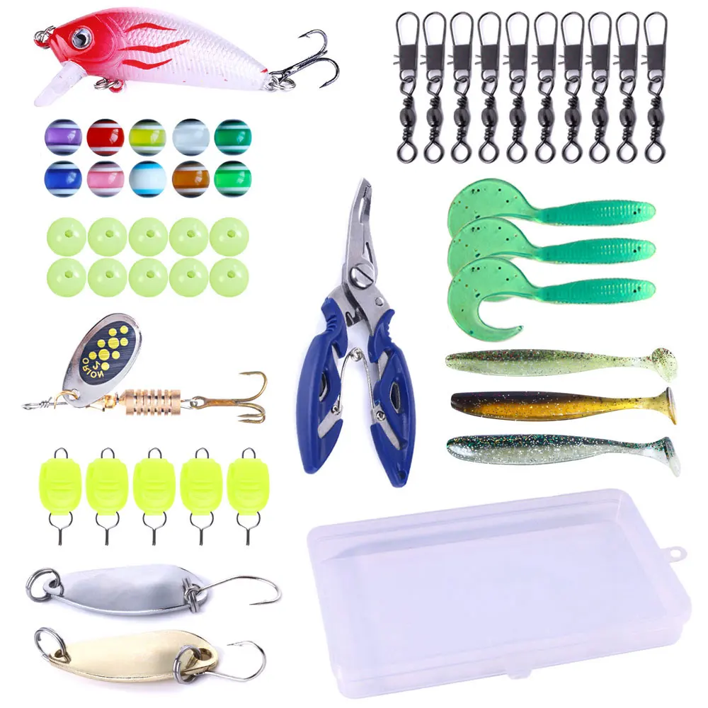 Kit de pesca lubina y trucha – Minnows, vinilos y spinners con caja