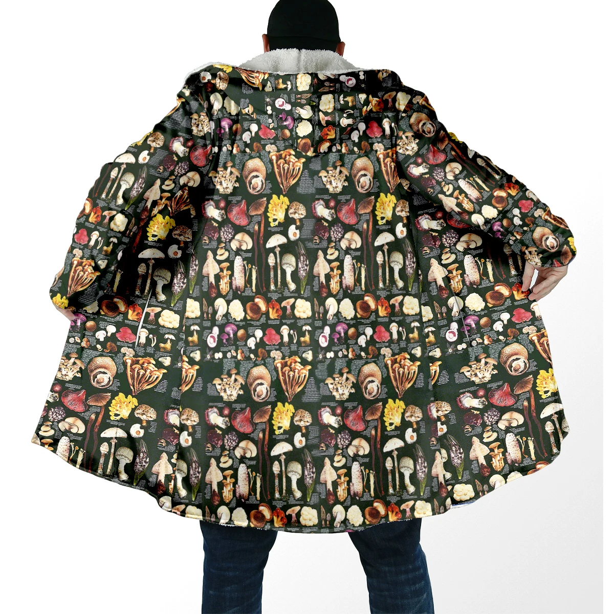 2025 capa de moda de invierno para hombre, capa con capucha de lana gruesa con estampado 3D de setas, capa cálida informal Unisex DP95 - imagen 2