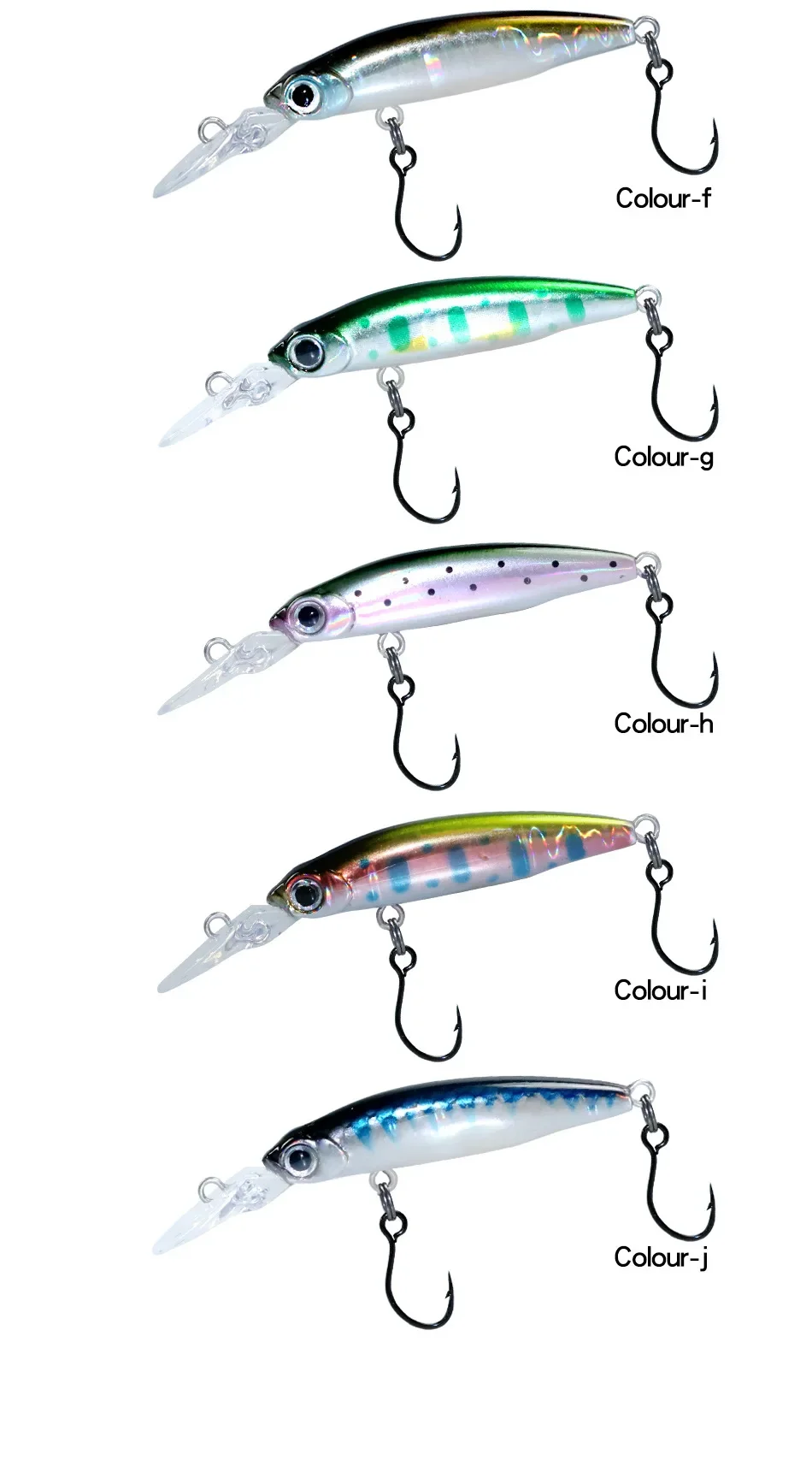 Una fila de señuelos de pesca con diferentes colores y tamaños.