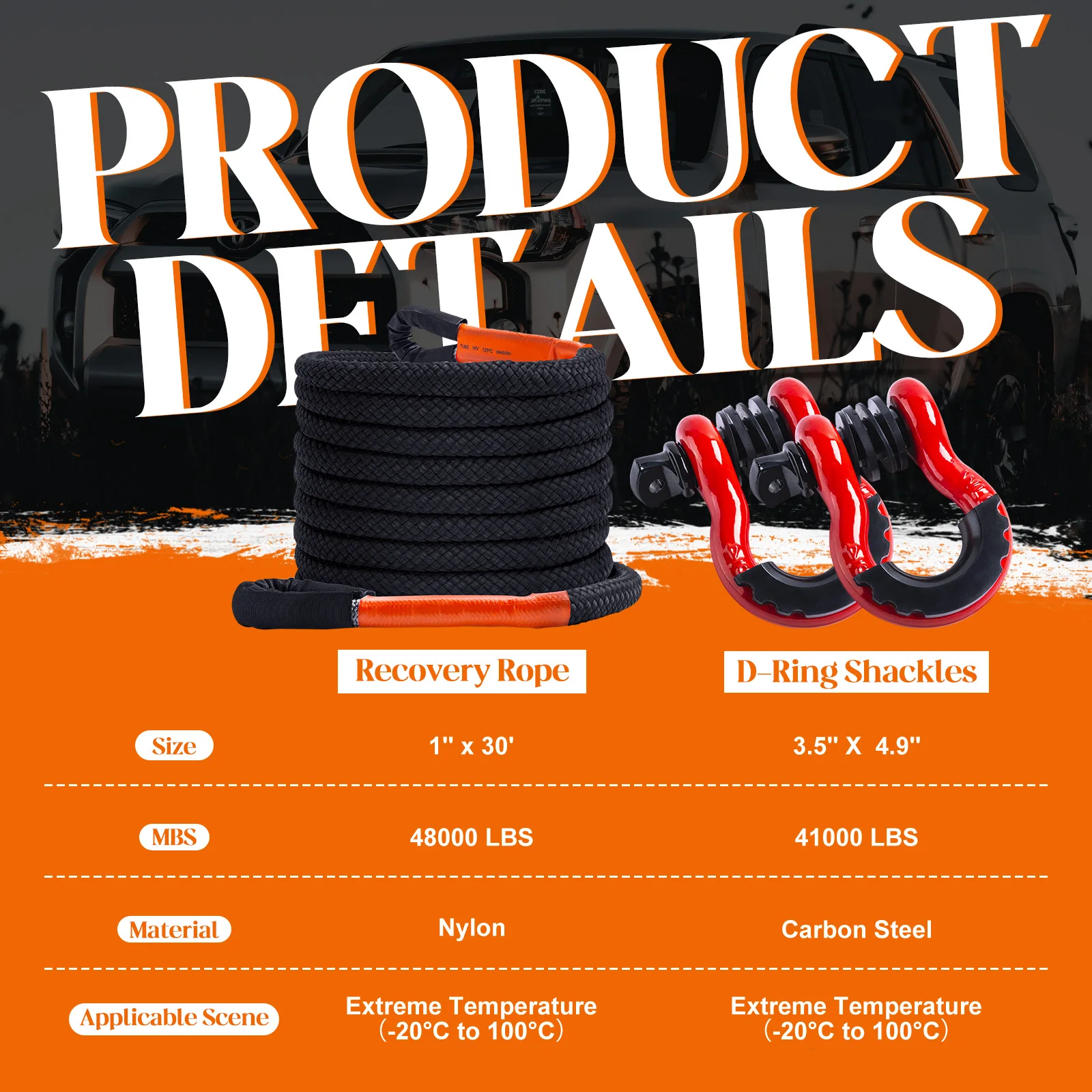 Cuerda de recuperación cinética Goture, 48000 libras, 1 pulgada x 30 pies, resistente 20 + % de elasticidad, límite de carga de trabajo de 41000 libras para vehículos todoterreno 4x4 - imagen 2