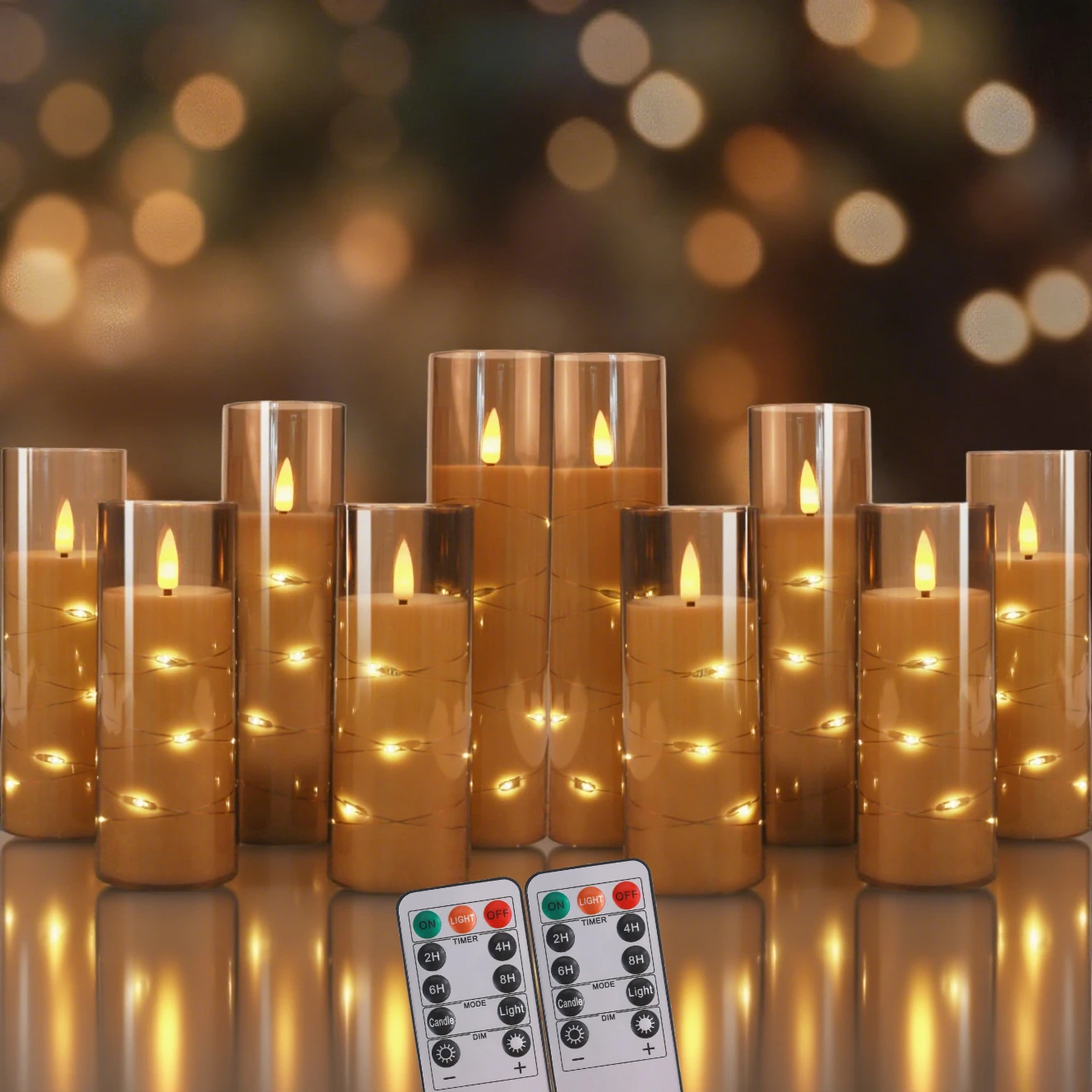 Juego de velas LED parpadeantes sin llama con temporizador, carcasa acrílica estable y cadena de estrellas integrada, velas románticas que funcionan con pilas - imagen 2