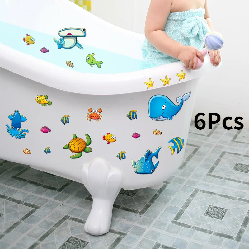 6 uds pegatinas de azulejos de dibujos animados niños baño de bebé pegatinas de bañera mate antideslizantes decoración de baño del mundo del océano - imagen 2