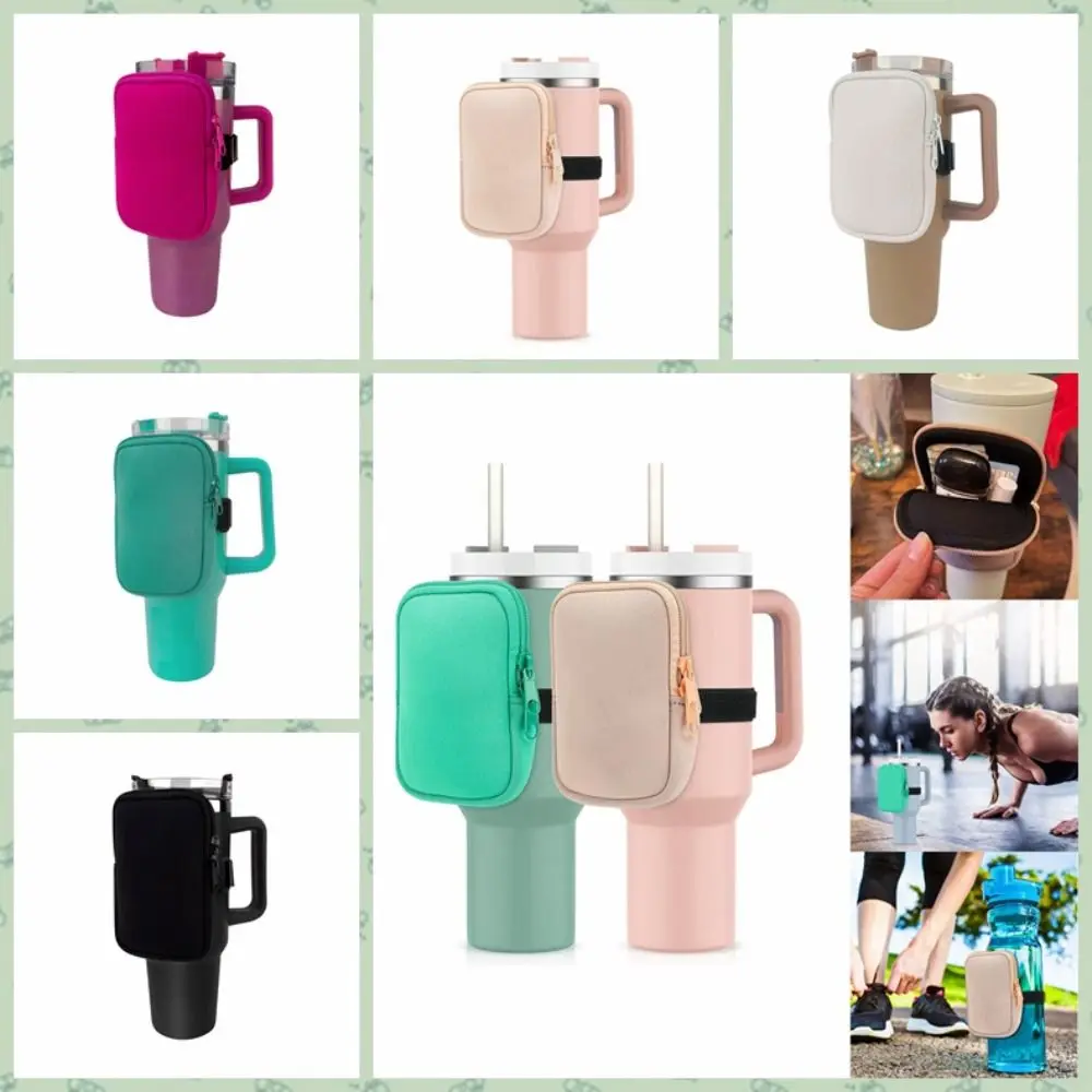 Mini bolsa de neopreno para botella de agua con correa ajustable, funda de almacenamiento de Color sólido, monedero para vasos Stanely, tazas y tazas - imagen 4