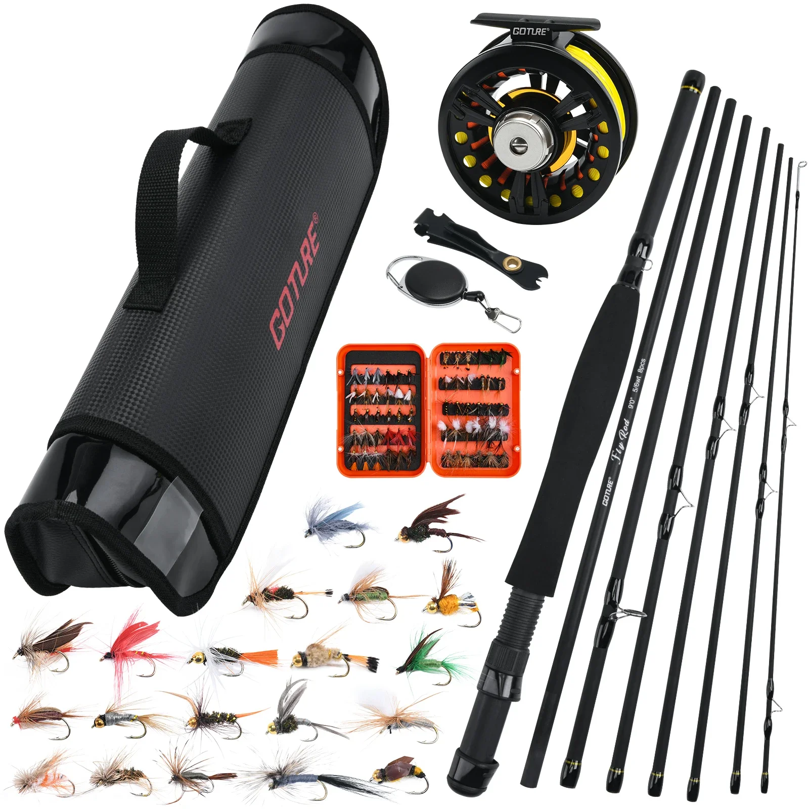Goture Juego combinado de caña de pescar de viaje con mosca de 9 pies y 2,7 m # 56 cañas rápidas de corcho de fibra de carbono con carrete + línea + cebo + bolsa Kit completo de aparejos de pesca