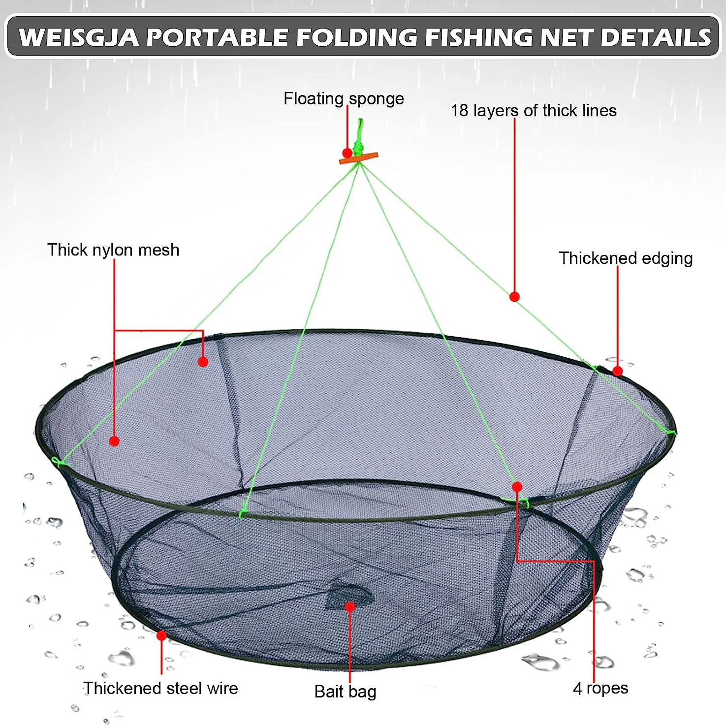 Red de pesca plegable portátil, red de peces con forma de gota de cangrejo con cuerda, trampa de malla de jaula de fundición a mano para pececillos, langosta, cangrejo, camarones - imagen 3