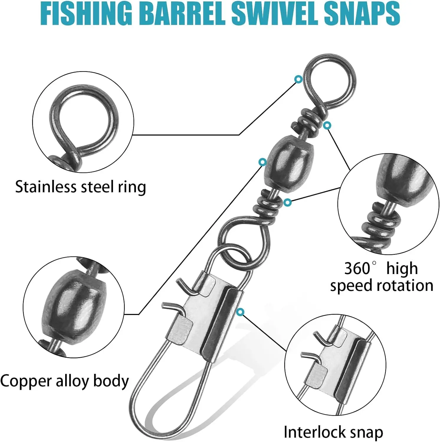 Broches giratorios de pesca de piezas, barril giratorio de cobre de alta resistencia con Clip de seguridad de cambio rápido, conector de aparejos de pesca, 500 - imagen 3