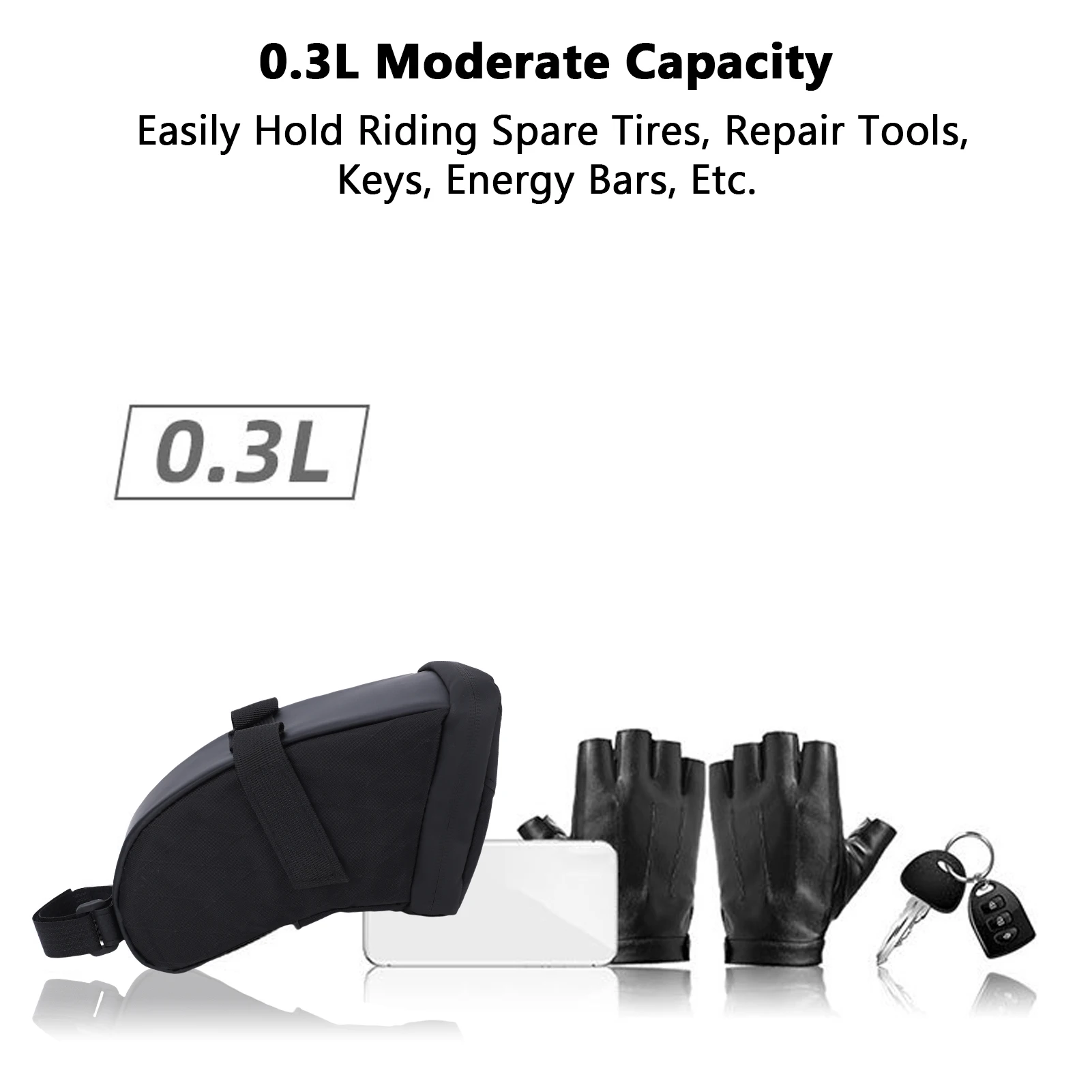 Bolsa para SILLÍN de bicicleta para conducción al aire libre, capacidad de 0,3l con correa segura, cremallera impermeable para herramientas, almacenamiento de neumáticos de repuesto - imagen 5
