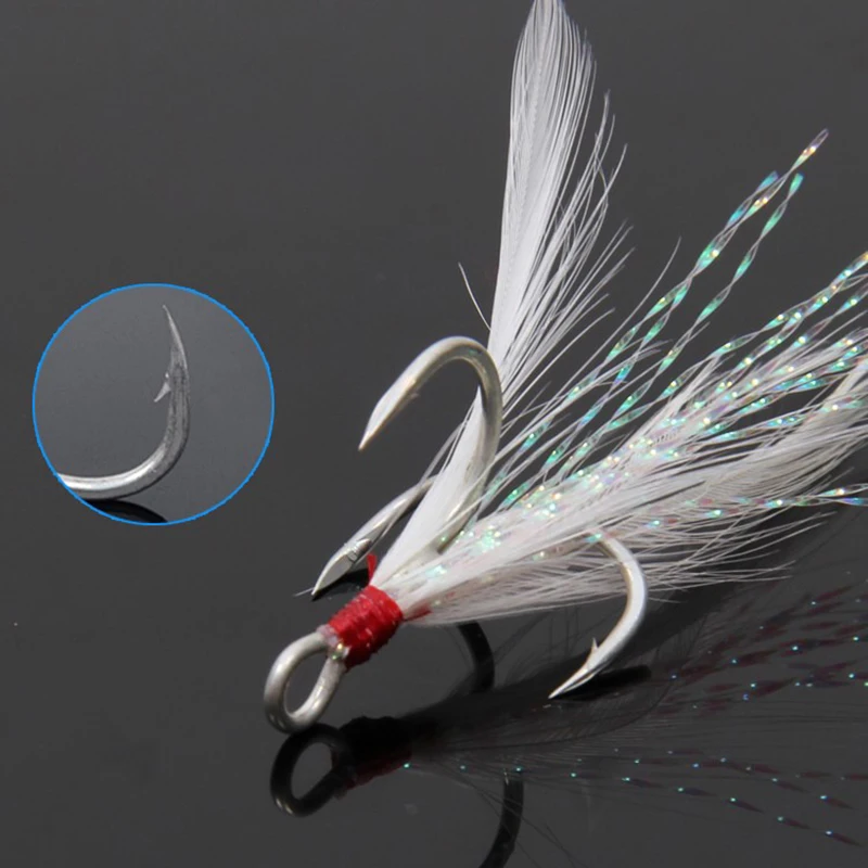 200 anzuelos triples con plumas, anzuelos de púas con ranura de acero rico en carbono, señuelo de agua salada marina, accesorios de Pesca, aparejos de Pesca - imagen 2