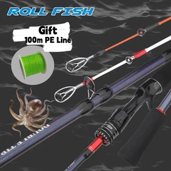 ROLLFISH Caña de calamar Caña de pescar de agua salada de fibra de carbono 2 puntas sólidas 7:3/8:2 Acción - Línea de PE de 100 m gratis