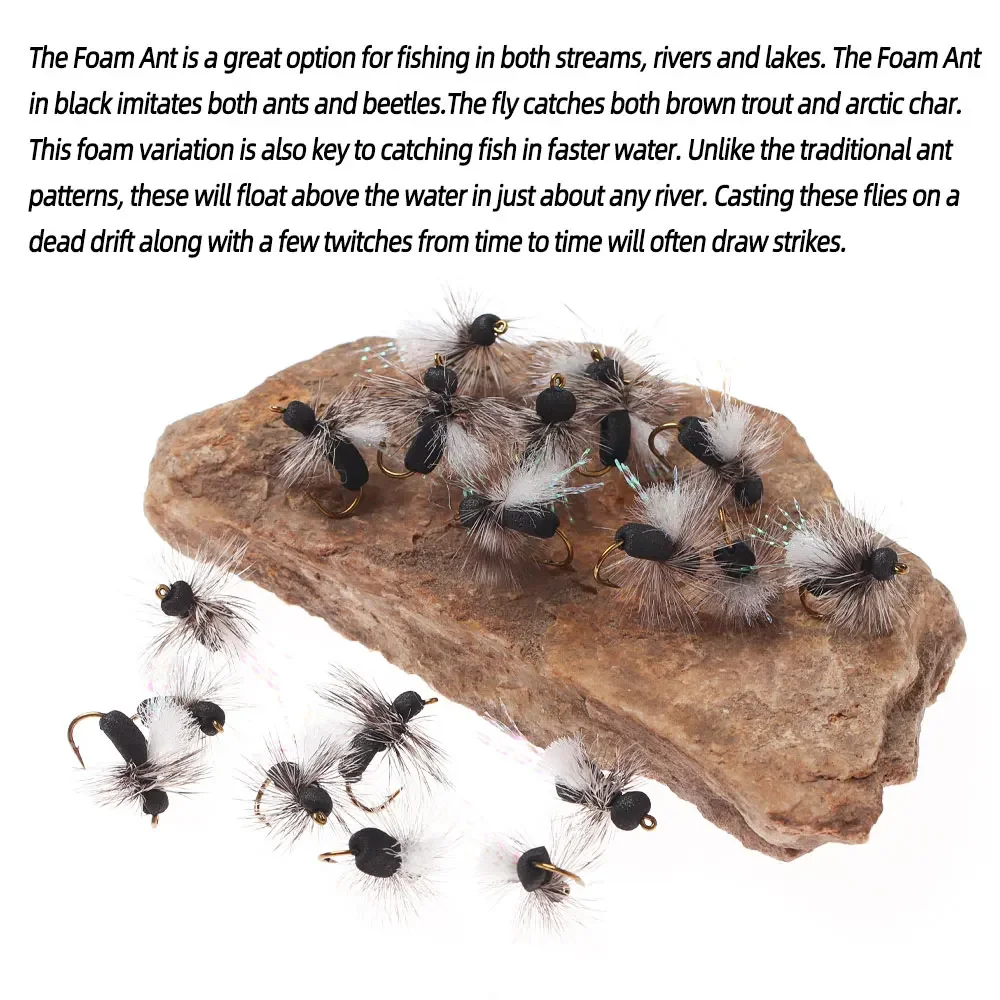 Bimoo 6 piezas # 10 Grizzly Hackle espuma hormiga mosca flotante negro mosca seca Para poste ala insecto Artificial cebo trucha Char Señuelos de pesca - imagen 5
