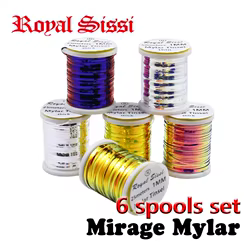 Juego de 6 carretes para atar moscas, oropel flash mylar de mirage plano para cuerpos perdigon con patrón de serpentina húmeda/costuras centrales/náfico flash