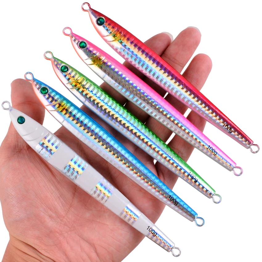 Señuelo de pesca de plantilla de Metal, cebo duro para curricán, aparejos de pesca de lubina, trucha, Jigging sin gancho, señuelos de agua salada, 60g, 80g, 100g - imagen 5