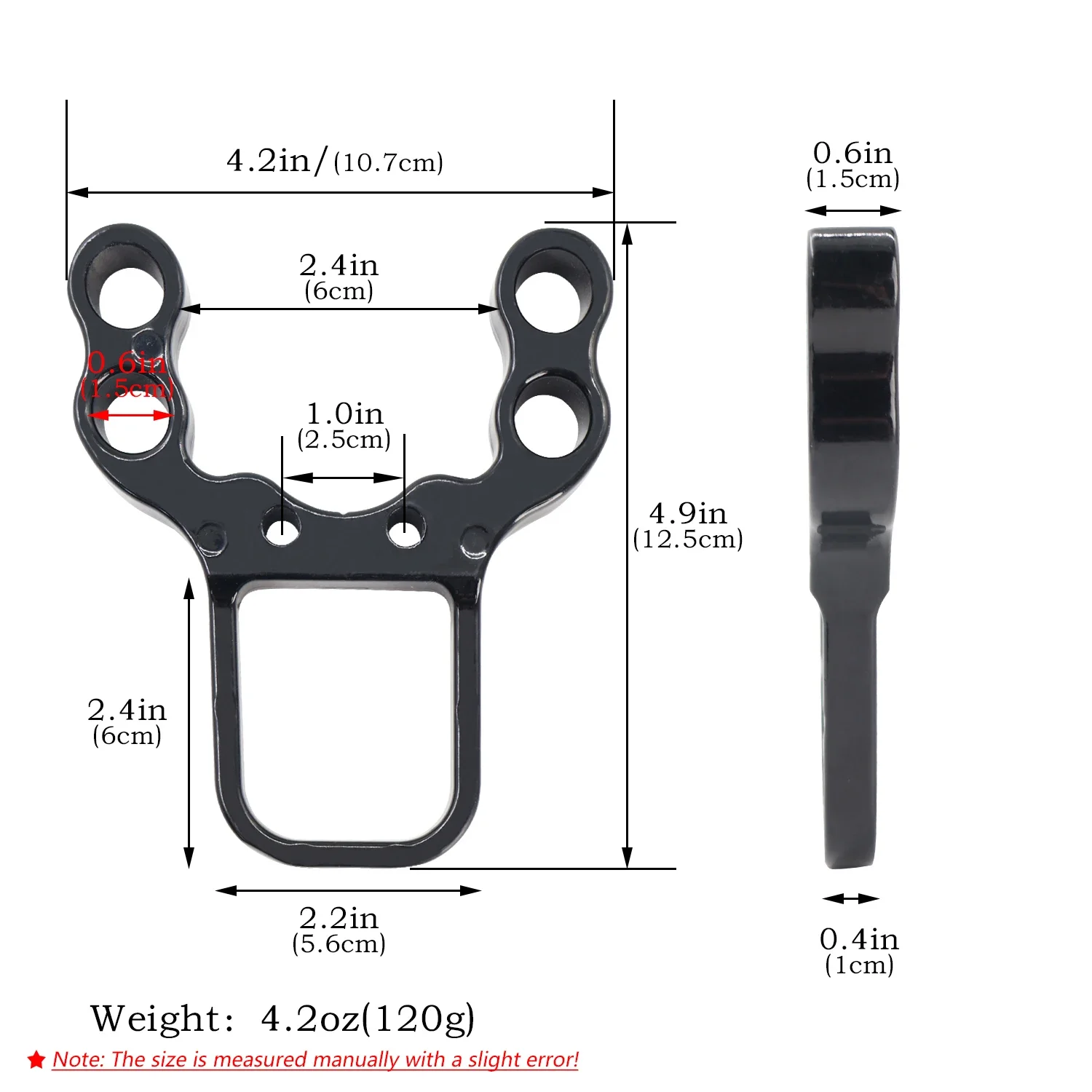 Cabeza de tirachinas negra de aleación de aluminio de cuatro agujeros, ranura para banda de goma, accesorios especiales para tirachinas caseros, distancia de orificio de 2,5 cm - imagen 2