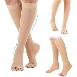 Nuevo Calcetines de compresión de pantorrilla de 20-30mmHg, calcetines transpirables con punta abierta a presión para pantorrilla, calcetines elásticos de presión de 2 niveles para hombres y mujeres