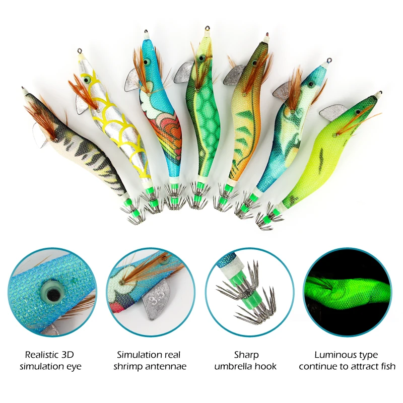 Luz nocturna de calamar, ojos grandes, camarones de madera, cebo falso, anzuelo de calamar, pesca en el mar, anzuelo de paraguas doble, equipo de pesca con cebo para lanzar