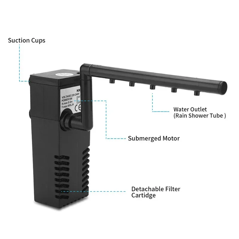 Purificador de agua 3 en 1 para acuario, filtración sumergible de oxigenación, Mini filtro para pecera - imagen 5