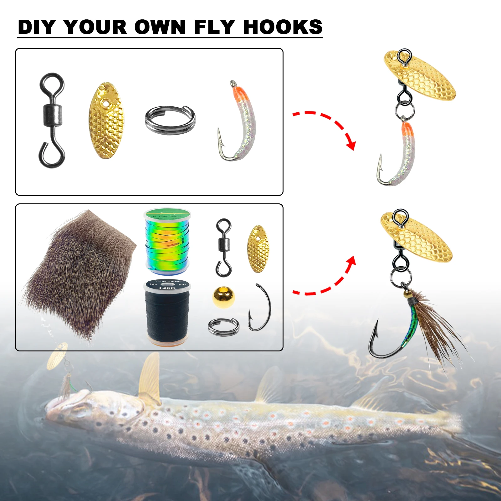 Kit para atar moscas de pesca con anzuelos, tinsel y crystal flash
