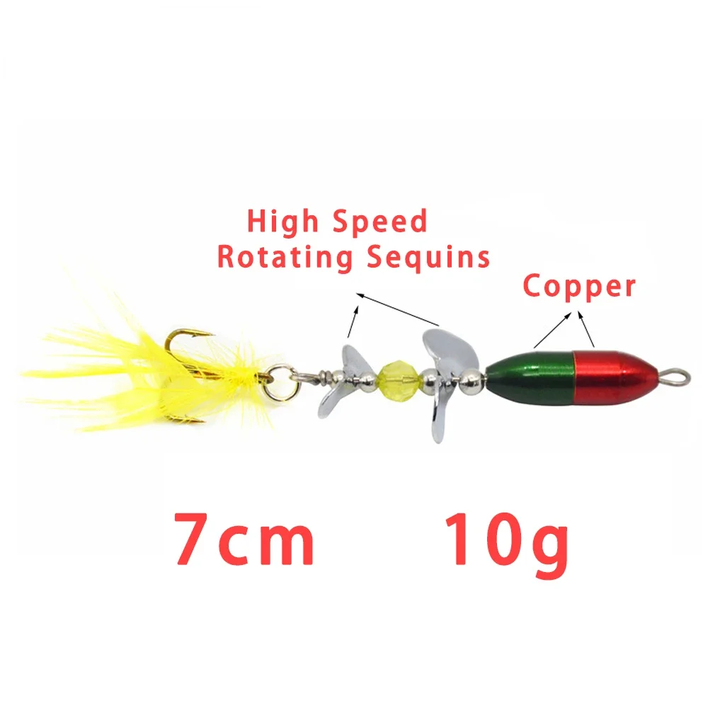 Señuelo de pesca luminoso giratorio con lentejuelas, cebo Wobbler con pluma para lubina, trucha, perca, Lucio, fundición larga, 7cm, 10g - imagen 5