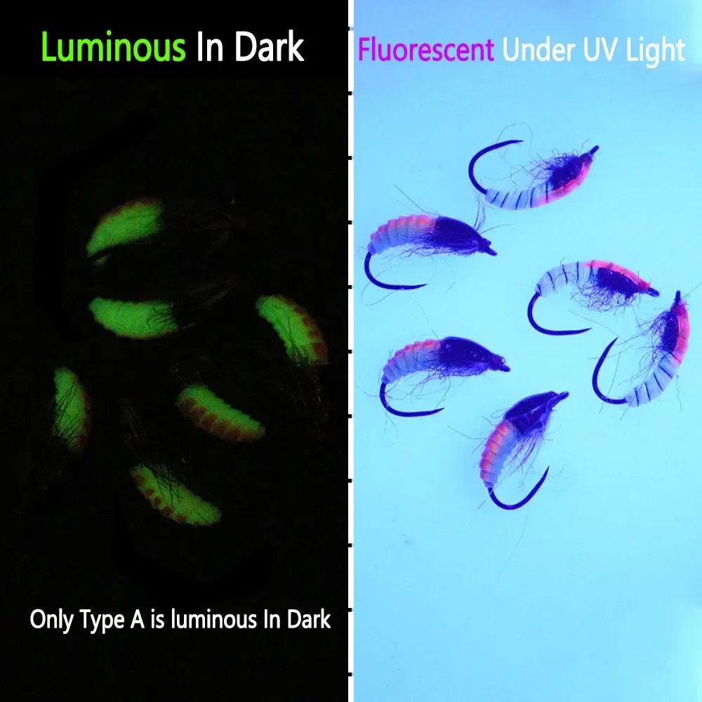 Bimoo 6 unids/caja # 12 luces luminosas sin púas Scud ninfa mosca fregadero rápido checo Caddis gusano camarón mosca para trucha Grayling perca señuelo de pesca - imagen 5