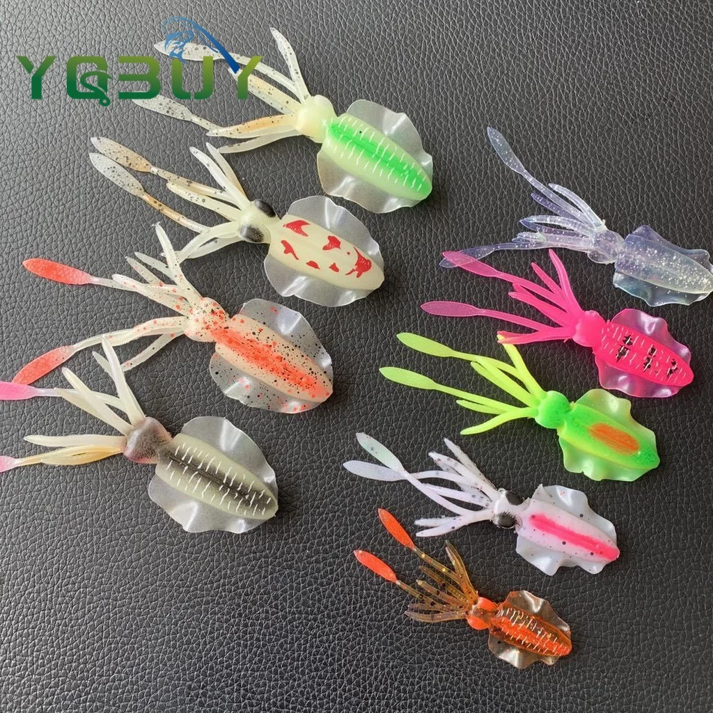 Señuelos de pulpo de plástico suave para pesca, cebo con falda de calamar que brilla en la oscuridad, cebo de pesca luminoso para curricán