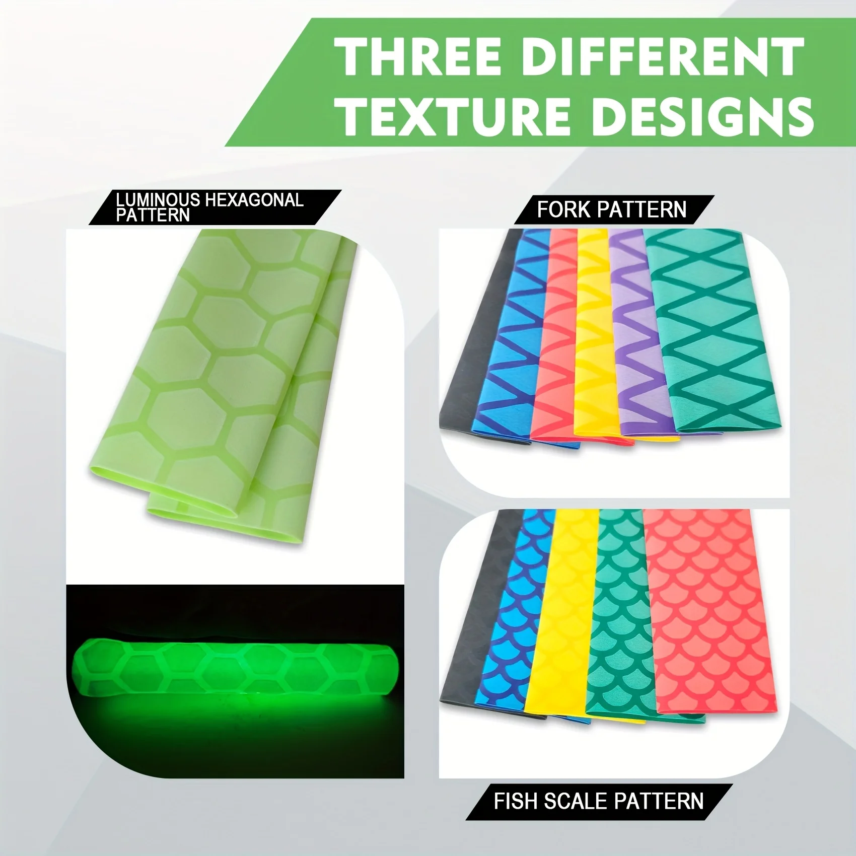Aventik Fundas de agarre termorretráctiles antideslizantes luminosas: patrones de tenedor/escamas de pescado para cañas de pescar, raquetas y mangos de herramientas - imagen 4