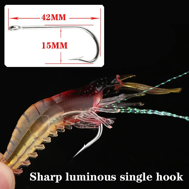 Cebo suave de camarón de silicona luminoso, 5 uds., 7,5 cm/5,5g, señuelo de pesca Artificial, cuentas giratorias, anzuelos, aparejo Sabiki, Swimbait Wobblers - imagen 3
