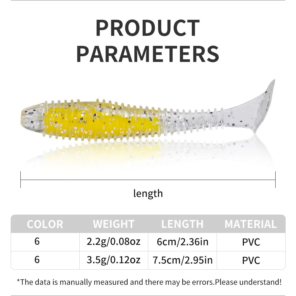 Señuelo suave de 6cm y 7,5 cm, cebos de plástico con cola en T, gusano, Swimbait, señuelo de pesca Jigging, cebo Wobblers Artificial para Lucio - imagen 2